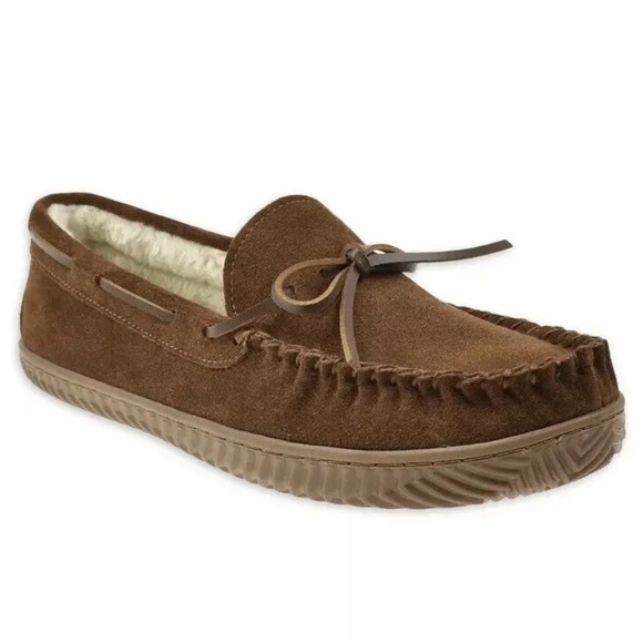 Mens Moccasin Slippers Genuine Suede Brown Indoor Outdoor Soles 7/8 - Picture 1 of 5